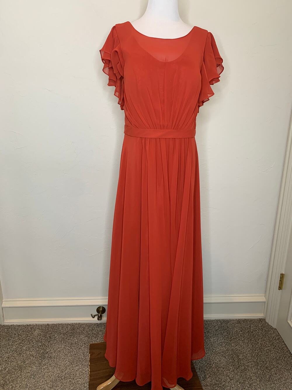 Azazie Scoop Neck Sheer Overlay Flutter Sleeve Dress Sz C Rust? Burnt Orange